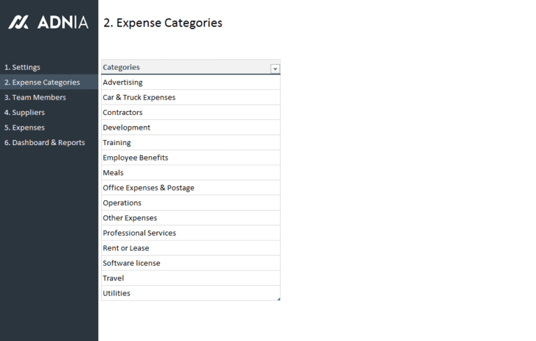 Simple Project Expense Tracking Template – Expense Categories | Adnia ...