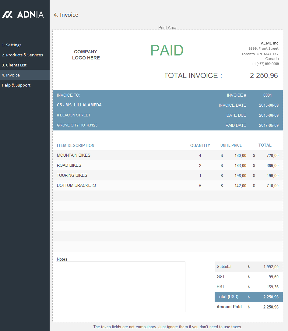 Automated Excel Invoice Template Adnia Solutions