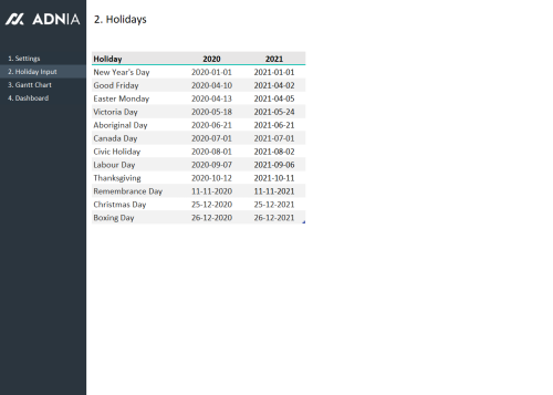 Gantt Chart Excel Template - Holidays