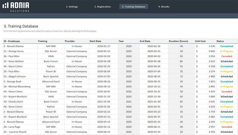 training database template excel